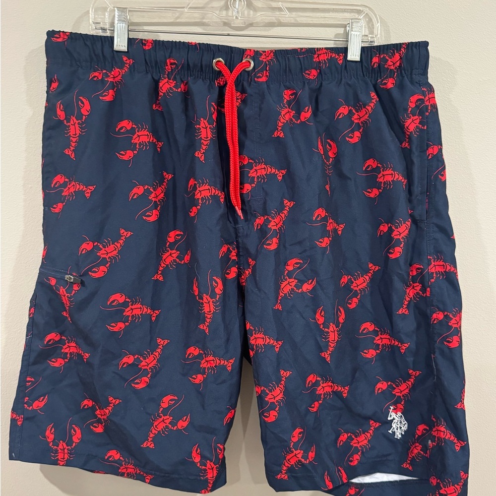 U.S. Polo Assn Men’s XL Navy Lobster Print Swim Trunks Pockets Elastic Waist